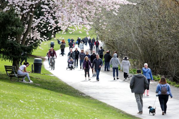 Cherry blossoms are pictured as people walk around Green Lake Park despite social-distancing efforts to help slow the spread of coronavirus disease (COVID-19) in Seattle, Washington, US March 29, 2020 - Sputnik International