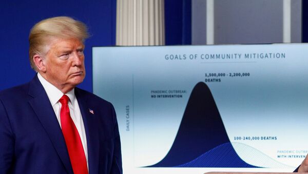 U.S. President Donald Trump listens stands in front of a chart labeled “Goals of Community Mitigation” showing projected deaths in the United States after exposure to coronavirus as 1,500,000 - 2,200,000 without any intervention and a projected 100,000 - 240,000 deaths with intervention taken to curtail the spread of the virus during the daily coronavirus response briefing at the White House in Washington, U.S., March 31, 2020 - Sputnik International