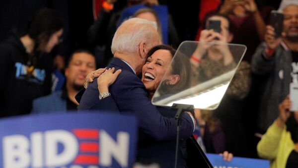 Democratic U.S. presidential candidate and former Vice President Joe Biden is greeted by  U.S. Senator Kamala Harris during a campaign stop in Detroit, Michigan, U.S., March 9, 2020 - Sputnik International