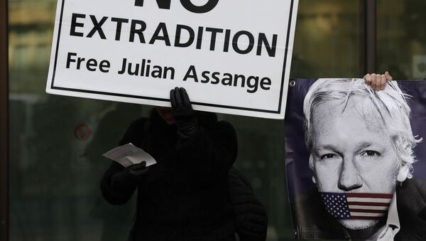 Protesters hold banners outside Westminster Magistrates Court in London, where Julian Assange is due to appear, Monday, Jan. 13, 2020.  - Sputnik International