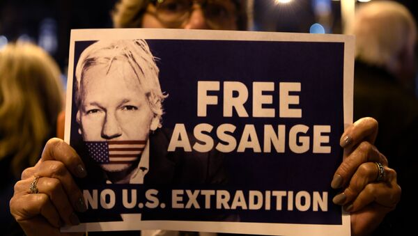 A demonstrator holds a sign during a protest called by Catalan National Assembly (ANC) under the motto Journalism is not a crime to support WikiLeaks founder Julian Assange in Barcelona on February 24, 2020. - Sputnik International