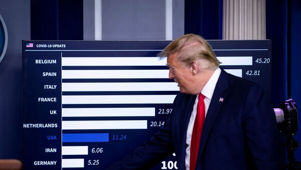 U.S. President Donald Trump speaks as he points towards China on a chart showing daily mortality cases during the daily coronavirus task force briefing at the White House in Washington, U.S., April 18, 2020 - Sputnik International