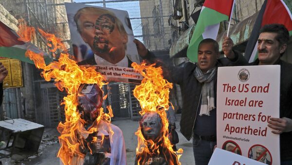 Demonstrators wave Palestinian flags as they burn effigies of US President Donald Trump and Israeli Prime Minister Benjamin Netanyahu during a protest against Trump's proposed Israeli-Palestinian peace plan, dubbed as the deal of the century, outside an Israeli checkpoint in the flashpoint city of Hebron in the occupied West Bank on February 28, 2020.  - Sputnik International