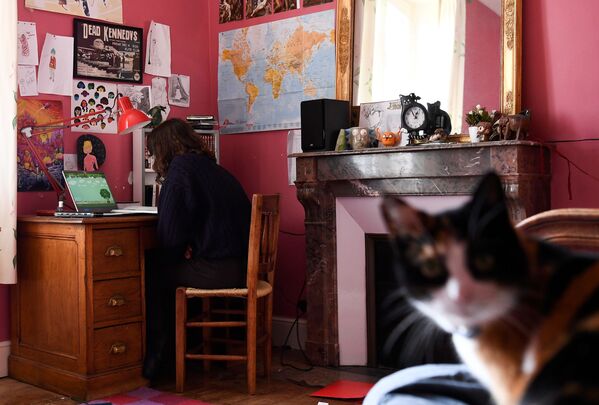 A high school student takes a test online at her home in Chisseaux near Tours on 27 March 2020, on the eleventh day of a lockdown in France to stop the spread of COVID-19 - Sputnik International