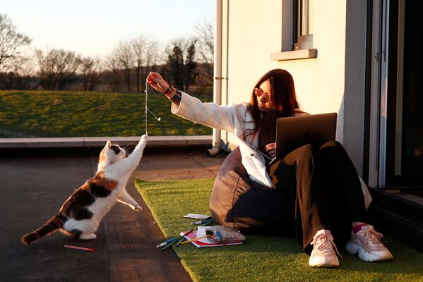 Lea, 19, plays with her cat as she studies in her house, during the lockdown imposed by the Belgian government to slow down the spreading of the coronavirus disease (COVID-19) , in Moorsel, Belgium, 31 March 2020 - Sputnik International