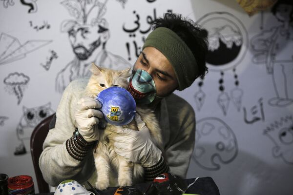 Palestinian artist Dorgham Krakeh holds before a cat a painted N95 protective mask, for a project raising awareness about the COVID-19 coronavirus pandemic, in Gaza City on 24 March 2020 - Sputnik International