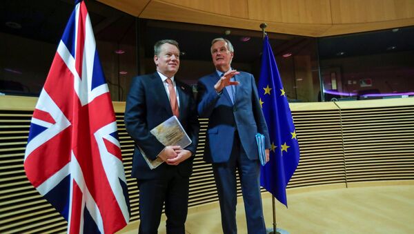 European Union chief Brexit negotiator Michel Barnier and British Prime Minister's Europe adviser David Frost 5 are seen at start of the first round of post -Brexit trade deal talks between the EU and the United Kingdom, in Brussels, Belgium March 2, 2020 - Sputnik International
