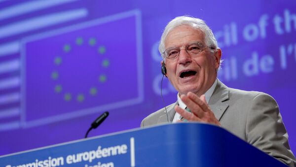 EU foreign policy chief Josep Borrell holds a virtual news conference at the end of a videoconference of EU foreign ministers in Brussels, Belgium, April 22, 2020 - Sputnik International