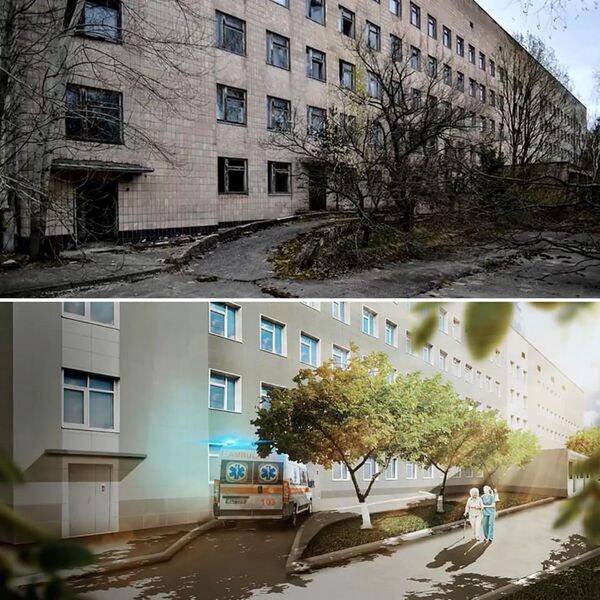 A hospital in Pripyat, Ukraine after the Chernobyl disaster (left) and the artist's impression (right) of how it would look if the disaster never happened - Sputnik International
