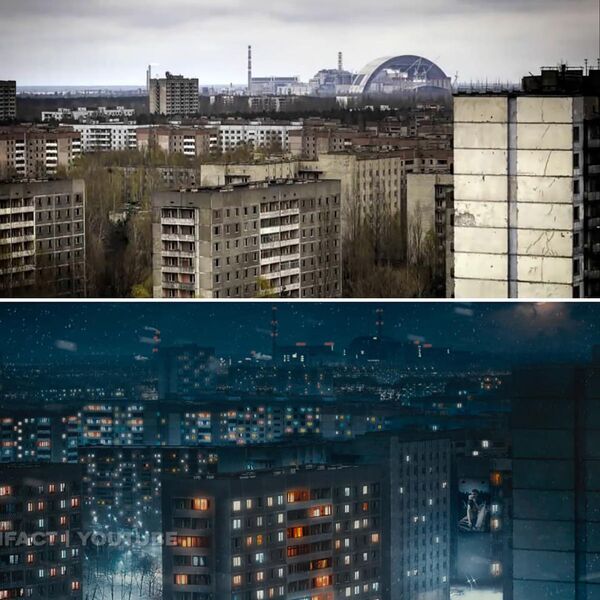 Houses in Pripyat nowadays (top) and the artist's impression (bottom) of how they would look if the disaster never happened - Sputnik International