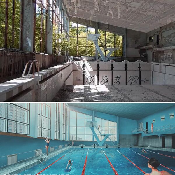 A pool in Pripyat, Ukraine today (left) and the artist's impression (right) of how it would look if the disaster never happened - Sputnik International