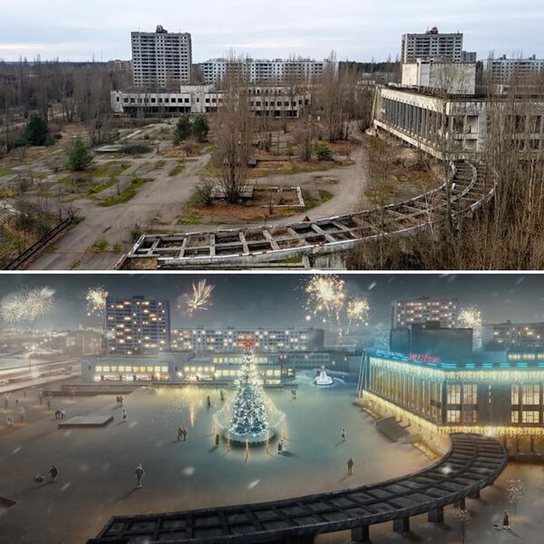 The city's square today (left) and the artist's impression (right) of how it would look if the disaster never happened - Sputnik International