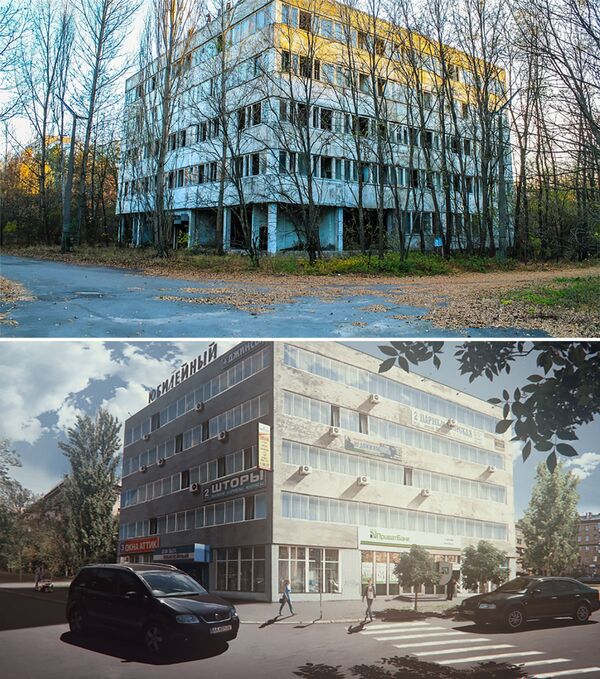 Photos of a building in Pripyat, Ukraine after the Chernobyl disaster (left) and the artist's impression (right) of how it would look if the disaster never happened - Sputnik International
