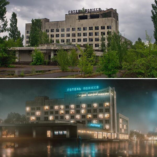 A hotel in Pripyat, Ukraine after the Chernobyl disaster (left) and the artist's impression (right) of how it would look if the disaster never happened - Sputnik International