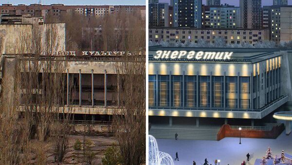 The community centre in Pripyat, Ukraine after the Chernobyl disaster (left) and the artist's impression (right) of how it would look if the disaster never happened - Sputnik International