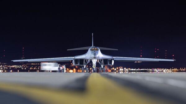 A B-1B Lancer assigned to the 28th Bomb Wing is taxied to parking at Ellsworth Air Force Base, S.D., April 30, 2020.  The B-1 returned to base after supporting a Bomber Task Force mission in the Indo-Pacific region.  - Sputnik International