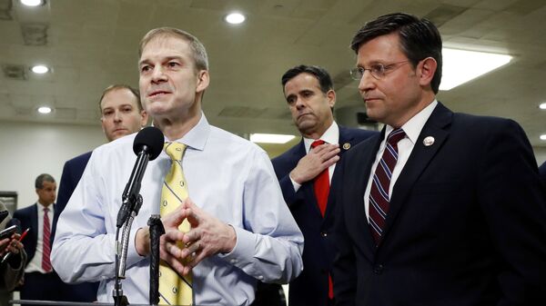 Rep. Jim Jordan, R-Ohio, second from left, talks to reporters while standing with Rep. Lee Zeldin, R-N.Y., left, Rep. John Ratcliffe, R-Texas, second from right, and Rep. Mike Johnson, R-La., R-N.C.,on Capitol Hill in Washington, Friday, Jan. 31, 2020. - Sputnik International