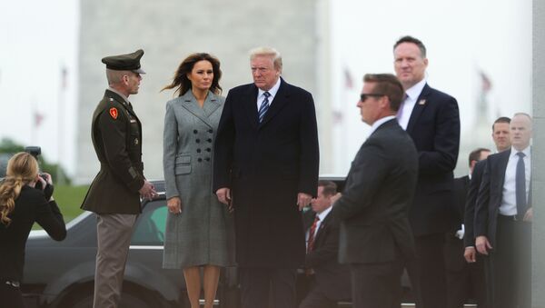 Donald Trump and first lady Melania Trump arrive for a Victory in Europe Day 75th anniversary ceremony at the World War II Memorial in Washington - Sputnik International