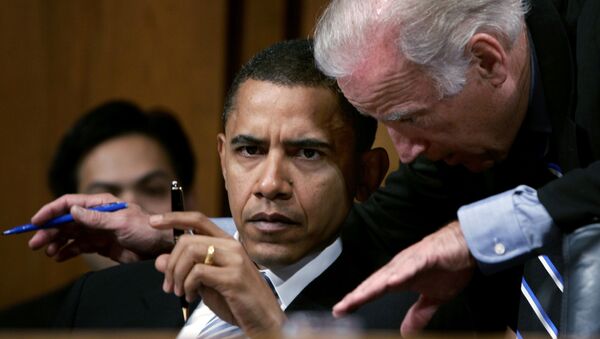 Senator Joseph Biden (D-De) confers with Senator Barack Obama (D-Il) during their participation in a Senate Foreign Relations Committee hearing on the nomination of John Bolton for the position of United States Ambassador to the United Nations, in Washington, U.S. April 11, 2005 - Sputnik International