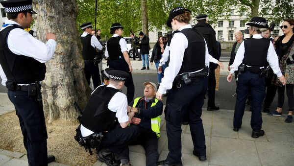 An anti lockdown protester is detained by police officers in London following the outbreak of the coronavirus disease (COVID-19), London, Britain, May 2, 2020. REUTERS/Toby Melville REFILE - CORRECTING CAPTION - Sputnik International