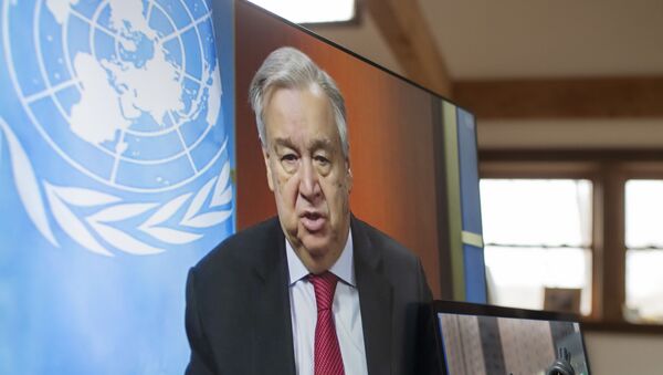 In this file handout photo released on April 03, 2020 by the United Nations, UN Secretary-General Antonio Guterres holds a virtual press conference, at UN headquarters in New York in which he enewed his call for a global ceasefire, urging all parties to conflict to lay down arms and allow war-torn nations to combat the coronavirus pandemic. - Broadly speaking, the coronavirus pandemic may have exacerbated global conflicts and disputes, especially between the United States and China, but in some cases it has also sparked cooperation between longtime rivals.  - Sputnik International
