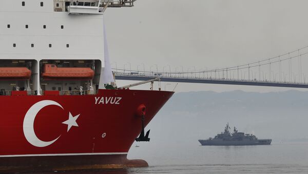 In this Thursday, June 20, 2019 file photo, Turkey's 230-meter (750-foot) drillship 'Yavuz' escorted by a Turkish Navy vessel, crosses the Marmara Sea on its way to the Mediterranean, from the port of Dilovasi, outside Istanbul - Sputnik International