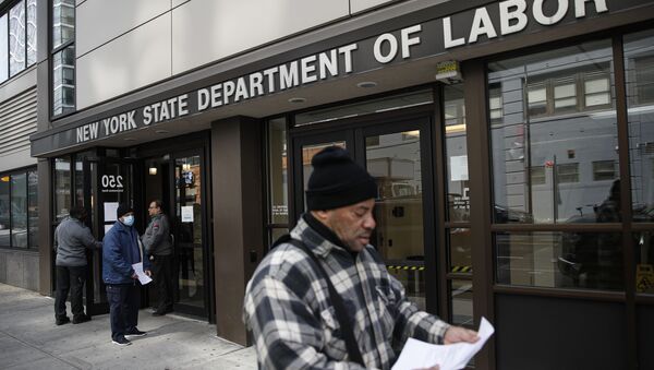 In this March 18, 2020 file photo, visitors to the Department of Labor are turned away at the door by personnel due to closures over coronavirus concerns in New York - Sputnik International