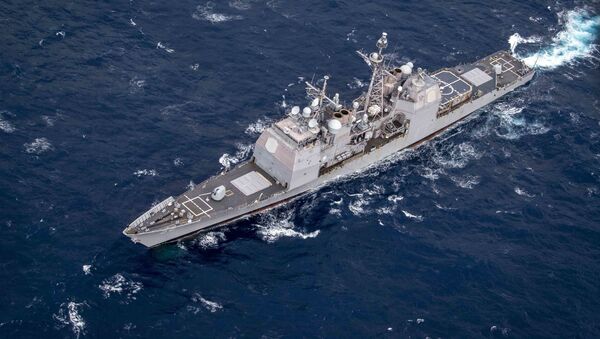 The guided-missile cruiser USS Philippine Sea (CG-58) transits the Atlantic Ocean as seen from a MH-60R Seahawk assigned to the guided-missile destroyer USS Gridley (DDG 101). Gridley is underway on a regularly-scheduled deployment as the flagship of Standing NATO Maritime Group 1 to conduct maritime operations and provide a continuous maritime capability for NATO in the northern Atlantic.  - Sputnik International