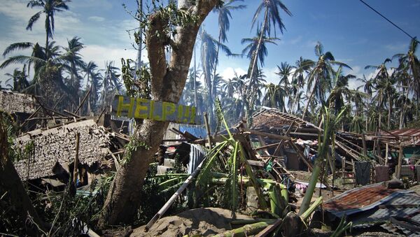 Destroyed houses and trees with a slogan calling for help are seen along a road in the village of Mantang, Taft town Eastern samar province central Philippines on December 8, 2014, a day after typhoon Hagupit hit the province - Sputnik International