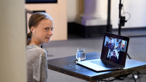 Environmental activist Greta Thunberg participates in a video conversation with Johan Rockstrom, who joins from Germany, about the coronavirus disease (COVID-19) and the environment at the Nobel Museum in Stockholm, Sweden on April 22, 2020 - Sputnik International