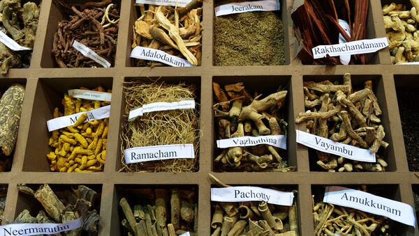 In this photograph taken on November 6, 2014, a display of herbs on a stand at the sixth World Ayurveda Congress and Arogya Expo in New Delhi.  - Sputnik International