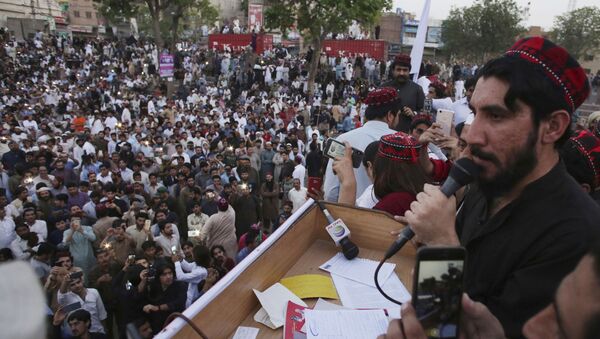 FILE - In this April 22, 2018, file photo, Manzoor Pashteen, a leader of Pashtun Tahafuz (Protection) Movement or (PTM) addresses his supporters during a rally in Lahore, Pakistan - Sputnik International