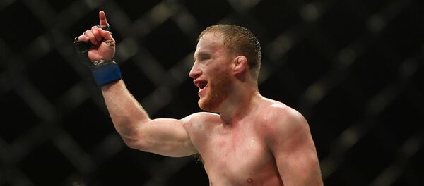 May 9, 2020, Jacksonville, Florida, USA; Justin Gaethje (blue gloves) celebrates after defeating Tony Ferguson (red gloves) during UFC 249 at VyStar Veterans Memorial Arena. Mandatory Credit - Sputnik International