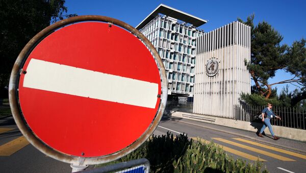 A sign is pictured outside the headquarters of the World Health Organization (WHO) during the World Health Assembly (WHA) following the outbreak of the coronavirus disease (COVID-19) in Geneva, Switzerland, May 18, 2020 - Sputnik International