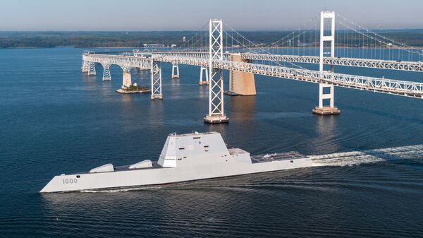 USS Zumwalt (DDG 1000) passes under the Gov. William Preston Lane Memorial Bridge, also known as the Chesapeake Bay Bridge, as the ship travels to its new home port of San Diego, California - Sputnik International