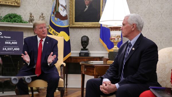 U.S. President Donald Trump speaks as Vice President Mike Pence looks on during a meeting with Texas Governor Greg Abbott about coronavirus disease (COVID-19) response in the Oval Office at the White House in Washington, U.S., May 7, 2020 - Sputnik International