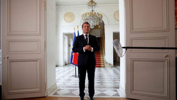 French President Emmanuel Macron delivers a statement after an international videoconference on vaccination at the Elysee Palace in Paris during the outbreak of the coronavirus disease (COVID-19) in France, May 4, 2020 - Sputnik International