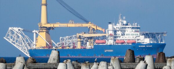 The Russian pipe layer vessel Akademik Cherskiy is pictured in the waters of Kaliningrad, Russia. Pipe-laying vessel Akademik Chersky is able to complete the construction of the Nord Stream 2 gas pipeline The Russian pipe layer vessel Akademik Cherskiy is pictured in the waters of Kaliningrad, Russia. Pipe-laying vessel Akademik Chersky is able to complete the construction of the Nord Stream 2 gas pipeline - Sputnik International