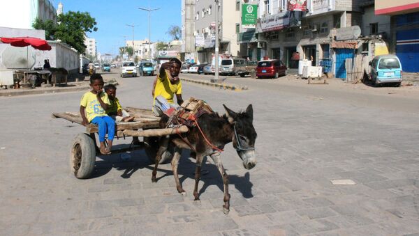 A man gestures as he rides on a donkey-drawn cart during a curfew amid concerns about the spread of the coronavirus disease (COVID-19) in Aden, Yemen April 30, 2020. - Sputnik International