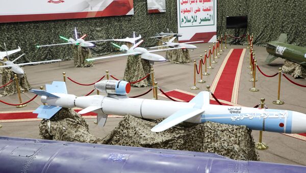 Missiles and drone aircrafts are put on display at an exhibition at an unidentified location in Yemen in this undated handout photo released by the Houthi Media Office July 9, 2019 - Sputnik International