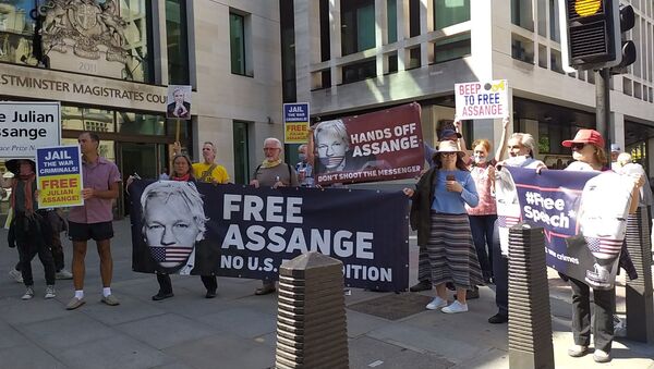 Supporters of Julian Assange outside Westminster Mags Court 1 June 2020 - Sputnik International