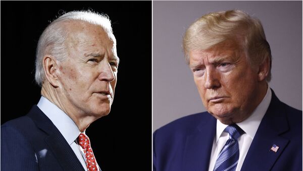 FILE - In this combination of file photos, former Vice President Joe Biden speaks in Wilmington, Del., on March 12, 2020, left, and President Donald Trump speaks at the White House in Washington on April 5, 2020 - Sputnik International