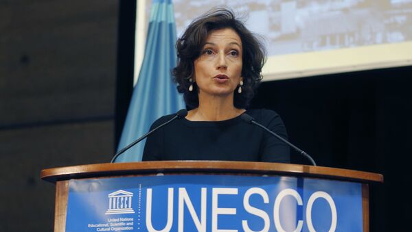 UNESCO'S Director-General Audrey Azoulay delivers a speech during the presentation of the website to counter Holocaust denial and anti-Semitism at the UNESCO headquartered in Paris, France, Monday, Nov. 19, 2018.  - Sputnik International