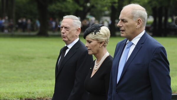 Cindy McCain, wife of late Sen. John McCain, R-Ariz., with Secretary of Defense James Mattis, left, and White House Chief of Staff John Kelly, depart after laying a ceremonial wreath honoring all whose lives were lost during the Vietnam War at at the Vietnam Veterans Memorial in Washington, Saturday, Sept. 1, 2018. - Sputnik International