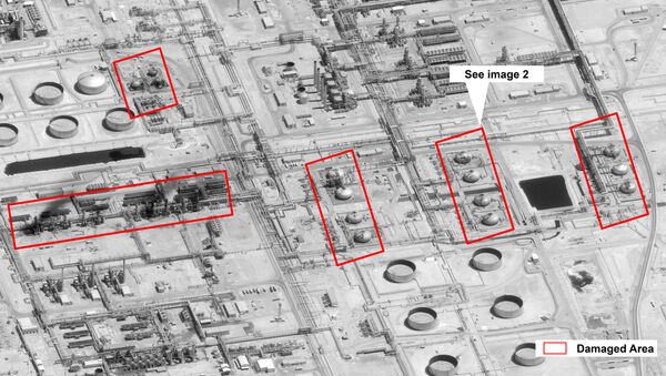 This image provided on Sunday, Sept. 15, 2019, by the U.S. government and DigitalGlobe and annotated by the source, shows damage to the infrastructure at Saudi Aramco's Abaqaiq oil processing facility in Buqyaq, Saudi Arabia. The drone attack Saturday on Saudi Arabia's Abqaiq plant and its Khurais oil field led to the interruption of an estimated 5.7 million barrels of the kingdom's crude oil production per day, equivalent to more than 5% of the world's daily supply.  - Sputnik International