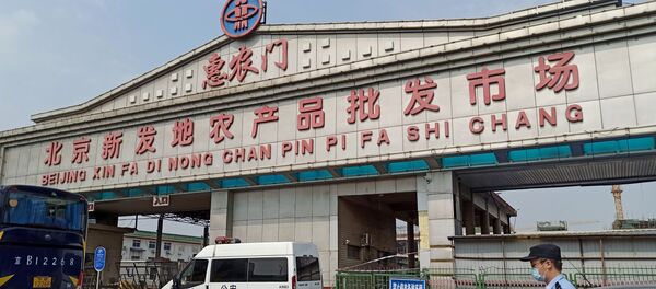 A police officer wearing a face mask is seen outside an entrance of the Xinfadi wholesale market, which has been closed for business after new coronavirus infections were detected, in Beijing, China June 13, 2020 - Sputnik International