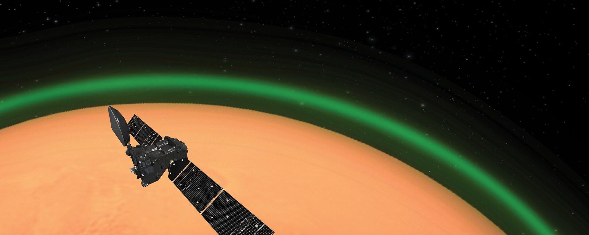 The European Space Agency’s ExoMars Trace Gas Orbiter (TGO) detects glowing green oxygen aura in Martian atmosphere. - Sputnik International, 1920, 19.11.2023