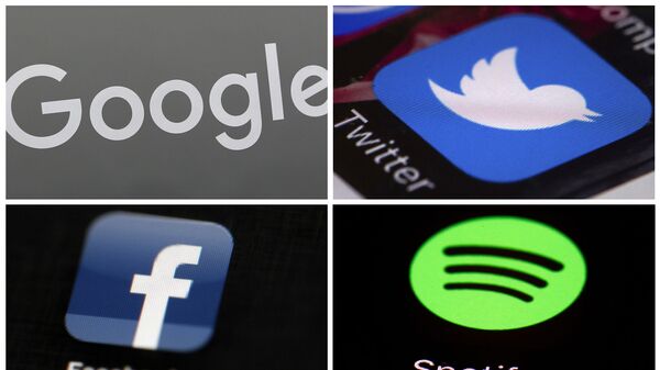 This photo combo of images shows, clockwise, from upper left: a Google sign, and apps for Twitter, Spotify and Facebook. YouTube, Facebook, Twitter, Spotify and other sites are finding themselves in a role they never wanted, as gatekeepers of discourse on their platforms,  deciding what should and shouldn't be allowed and often angering almost everyone in the process.  - Sputnik International