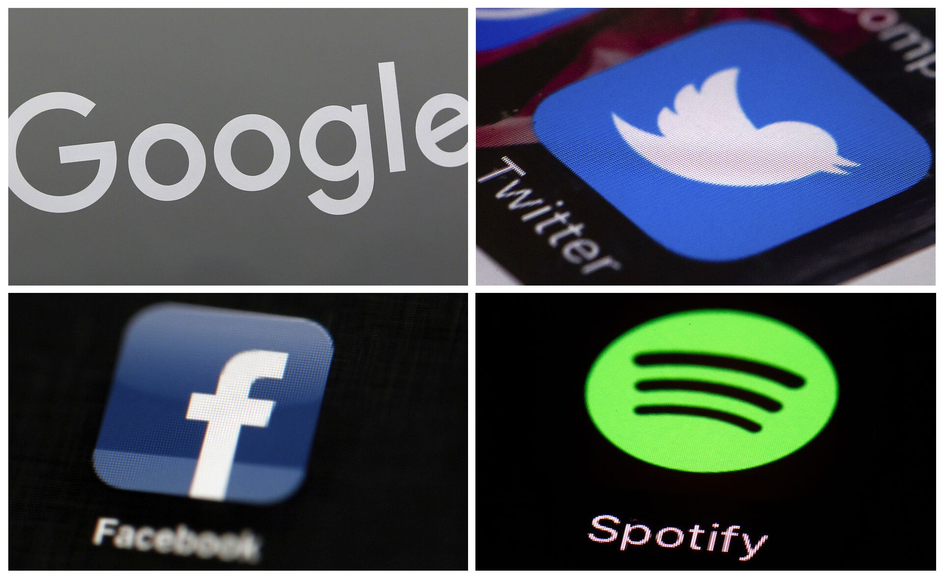 This photo combo of images shows, clockwise, from upper left: a Google sign, and apps for Twitter, Spotify and Facebook. YouTube, Facebook, Twitter, Spotify and other sites are finding themselves in a role they never wanted, as gatekeepers of discourse on their platforms,  deciding what should and shouldn't be allowed and often angering almost everyone in the process.  - Sputnik International, 1920, 03.03.2022
