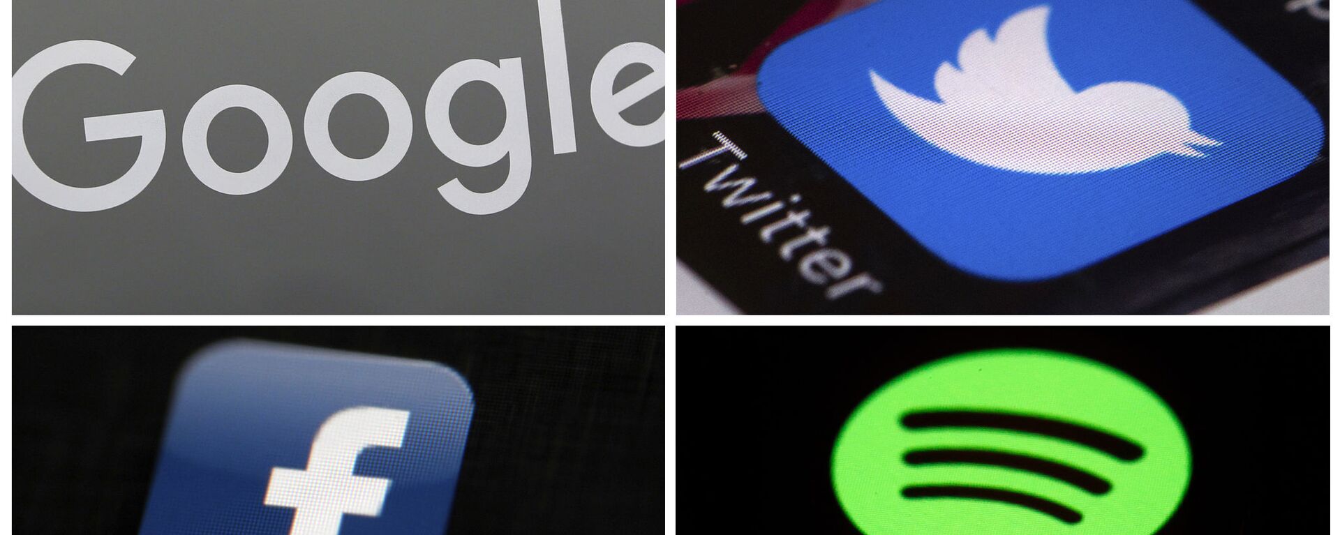 This photo combo of images shows, clockwise, from upper left: a Google sign, and apps for Twitter, Spotify and Facebook. YouTube, Facebook, Twitter, Spotify and other sites are finding themselves in a role they never wanted, as gatekeepers of discourse on their platforms,  deciding what should and shouldn't be allowed and often angering almost everyone in the process.  - Sputnik International, 1920, 02.11.2022